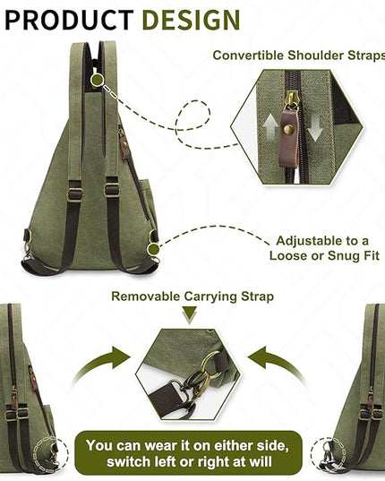 Vintage Canvas Sling Bag with Genuine Leather Zipper, 3 in 1 Crossbody, Backpack, and Chest Bag, for Travel, Hiking, 16x10x6 Inches, Green