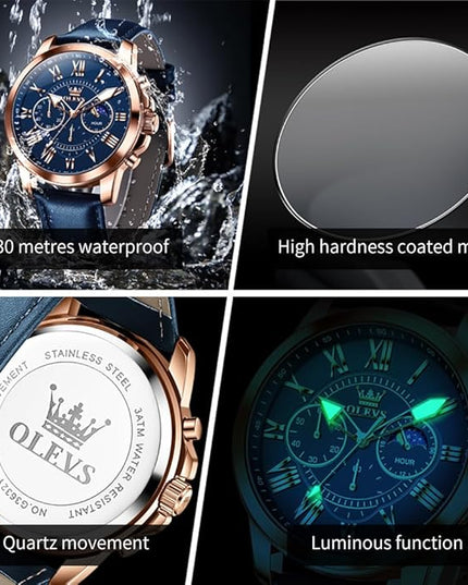 OLEVS Men's Watches Leather Strap Analog Quartz Watch, Fashion Big Dial Date Waterproof Watch, Dress Luxury Luminous Men Watches