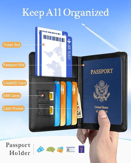 Slohif Initial Passport Holder Cover Wallet Case for Travel Women - Leather Letter Passport Book Family Multiple Personalized Organizer Card Slots Protector Sleeve Essentials Slim Carrier Black L