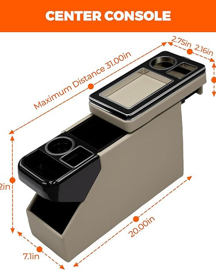 Beige Center Console Between Seat Organizer for Minivans, SUVs, with Phone Holder & Cup Holders for Minivan &SUVs, Middle Van Floor Console Organizer Storage Box- cream-coloured