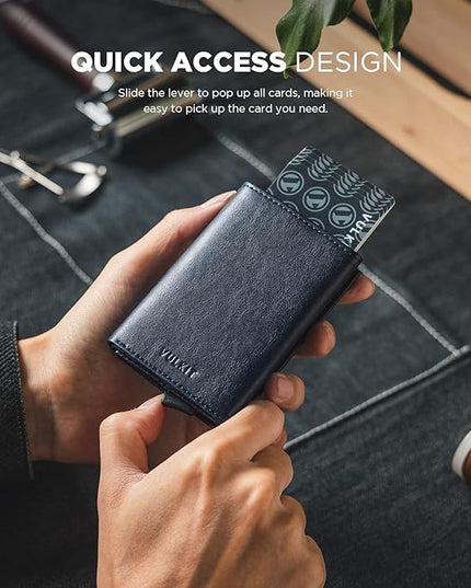 VULKIT Pop up Card Wallet Minimalist Cash Wallets RFID Blocking Leather Smart Credit Card Holder with ID window for Men(Navy)