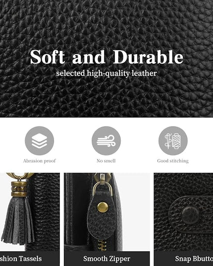 Blucoay Leather Wallet Women,RFID Blocking Small Wallet for Women Compact Card Holder Bifold Tassel Wallet Coin Purse With ID Window lzblack