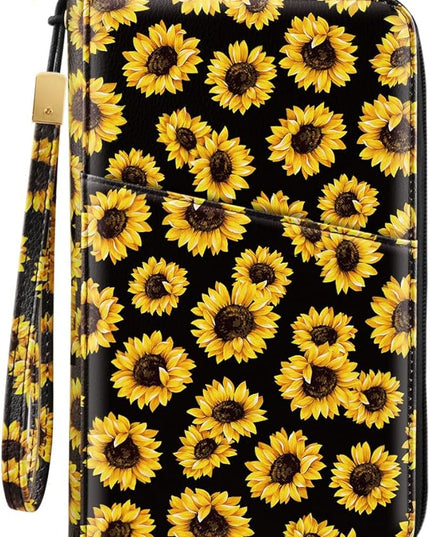 Family Passport Holder Wallet RFID Blocking Document Organizer PU Leather Mulit-purpose Travel Wallet Credit Cards Case for Women Men,Sunflowers