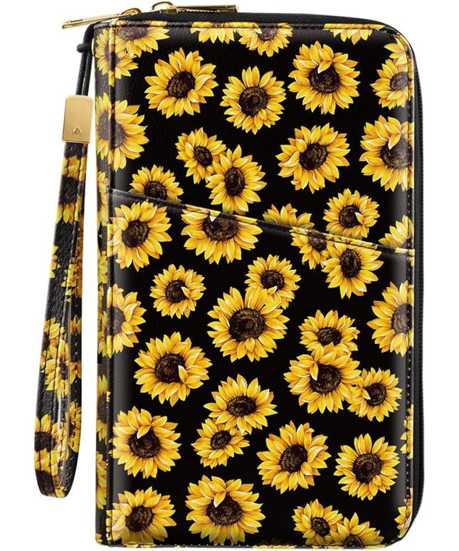 Family Passport Holder Wallet RFID Blocking Document Organizer PU Leather Mulit-purpose Travel Wallet Credit Cards Case for Women Men,Sunflowers