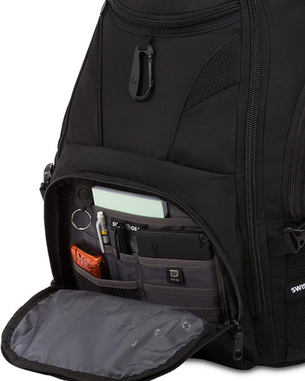 SwissGear 1900 ScanSmart 17” Laptop Backpack Black/Black – Reflective Tech Backpack with ScanSmart Compartment – Multiple Organizer Pockets & RFID Scan Blocking Technology