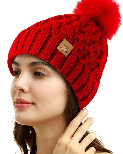 PAGE ONE Womens Winter Ribbed Beanie Crossed Cap Chunky Cable Knit Pompom Soft Warm Hat