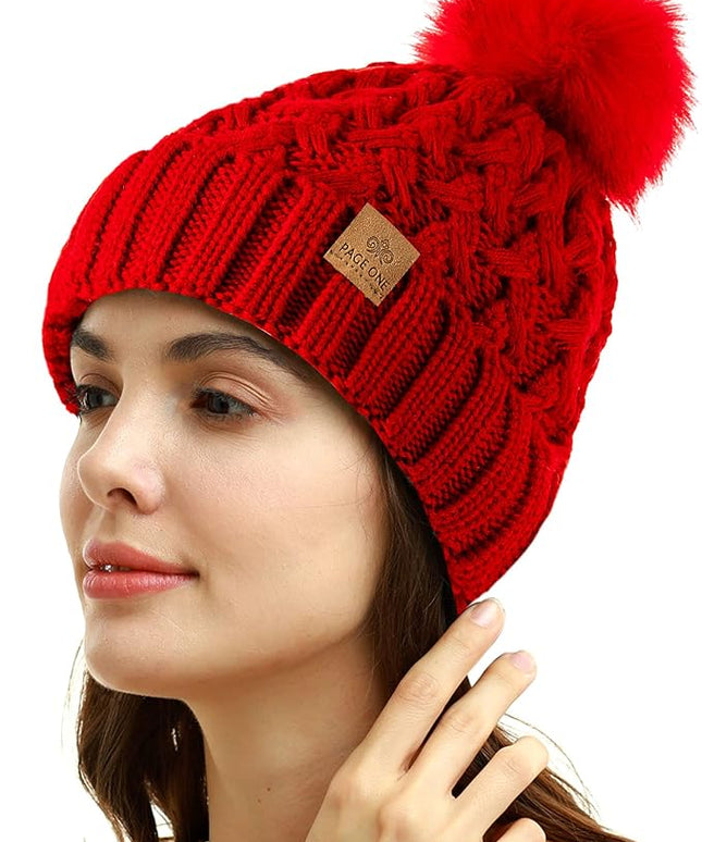 PAGE ONE Womens Winter Ribbed Beanie Crossed Cap Chunky Cable Knit Pompom Soft Warm Hat