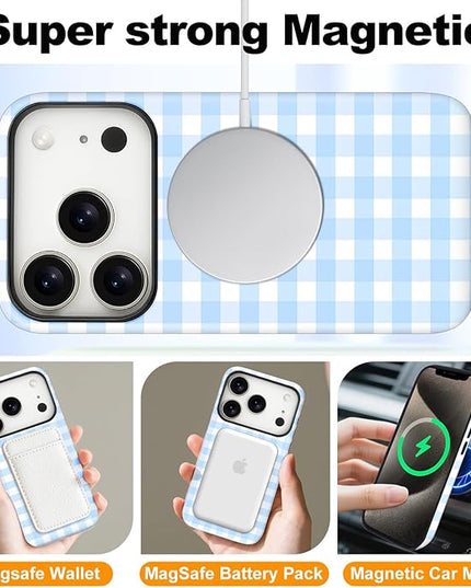 Magnetic for iPhone 17 Pro Max Case Cute Checkered Stripes Phone Case for Women Girls, Shockproof Slim TPU and Hard PC Protective Phone Cover Compatible with MagSafe Designed, Blue
