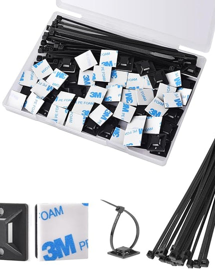 Strong Back-Glue Self Adhesive Cable Zip Tie Mounts Kit - 100 Set Cable Management Clips with 6" Zip Ties, Wire Holders - Outdoor Sticky Wire Organizer Clips-Black