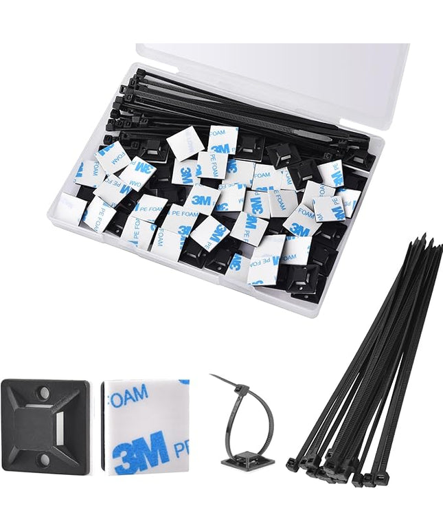Strong Back-Glue Self Adhesive Cable Zip Tie Mounts Kit - 100 Set Cable Management Clips with 6" Zip Ties, Wire Holders - Outdoor Sticky Wire Organizer Clips-Black