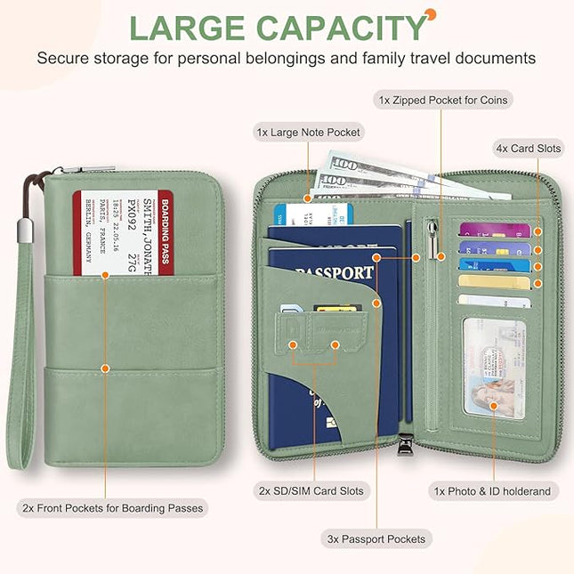 Family Passport Holder Wallet with Zipper, RFID Blocking Travel Document Organizer, PU Leather Passport Wallet for Women Men, Passport Cover Travel Wallet for Boarding Pass, ID, Money, Tickets
