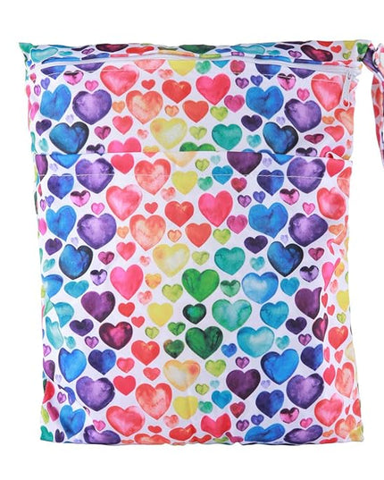 Wet Dry Bag Baby Cloth Diaper Nappy Reusable Washable Two Pockets (Rainbow Hearts)
