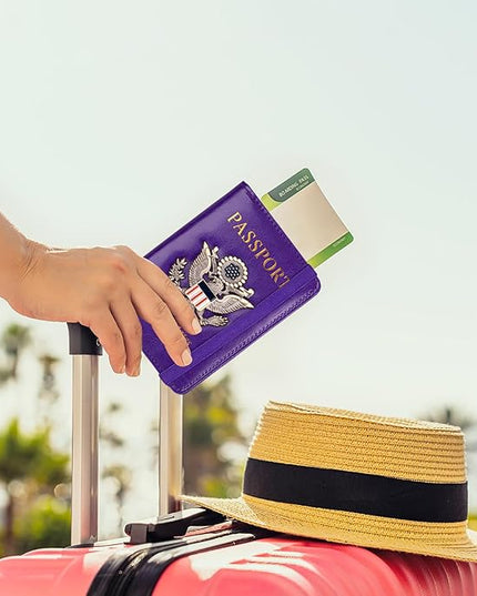 TOURSUIT RFID Blocking Passport Holder for Women Men, Leather Passport Travel Wallet with Metal 3D Metal Badge, Travel Document Holder Cover Accessories (Purple)