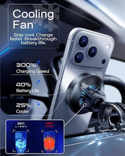 LISEN for Qi2.2 25W MagSafe Car Mount Charger，[Top Spec with Cooling Fan＆95W Fast Adapter] 25W iPhone 17 Pro Max Car Charger Fast Charging for iPhone 17 Pro Max Plus Air 16-12 Series,Pixel 10 Pro XL
