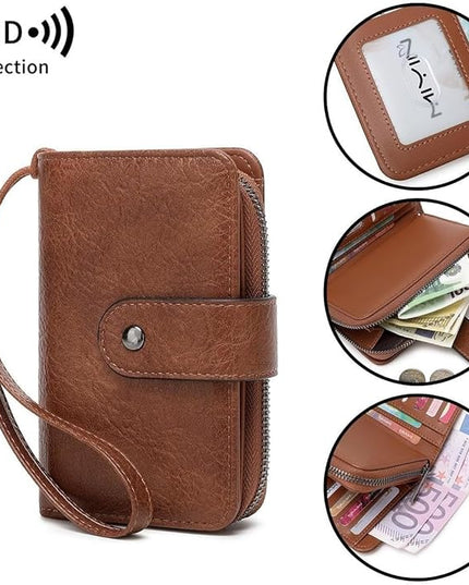 Genuine Leather Women's Wallet with Large Capacity Double Zip Around Design RFID Blocking Credit Card Holder and Wristlet Purse Black (Burgundy)