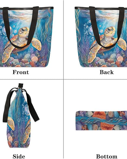 Pardick Canvas Tote Bags, Ocean Turtle Tote Bag Eco Friendly Reusable Grocery Shopping Bagsfor Beach, Books, Women with Zipper Inner Pocket