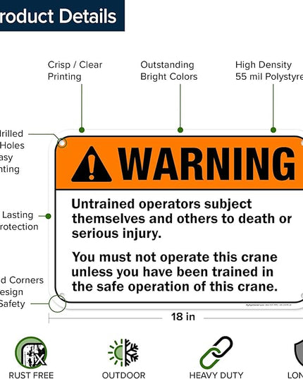Warning Untrained Operators Subject Themselves And Others To Death Sign, 12x18 Inches, 55 mil thick HDPS (high density polystyrene), Made in USA by My Sign Center