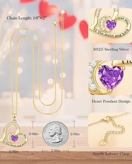 Anniversary Necklace for Women Birthstone Jewelry for Wife Gifts for Her Wife Birthday Gift Ideas Anniversary for Girlfriend I love you to the moon and back Necklaces Filled 925 Sterling Sliver
