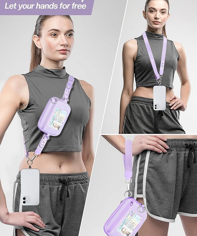 Clip and Go Strap for Phone with Wallet Crossbody Phone Lanyard Adjustable and Detachable RFID Wristlet Wallet with ID Window and Zipper, Purple Large.