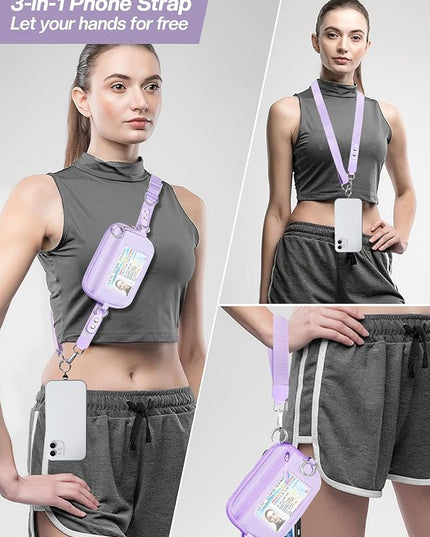Clip and Go Strap for Phone with Wallet Crossbody Phone Lanyard Adjustable and Detachable RFID Wristlet Wallet with ID Window and Zipper, Purple