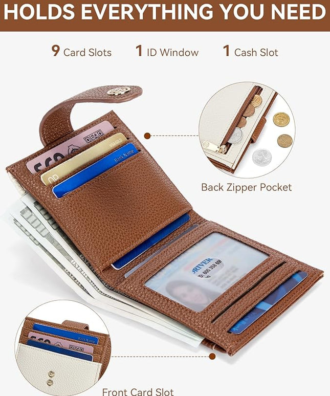 BOSTANTEN Slim Wallet for Women Small RFID Blocking Credit Card Holder Leather Bifold Wallets with Zipper Coin Pocket Beige＆Brown