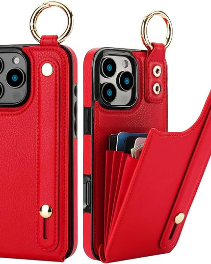 Folosu for iPhone 16 Pro Max Wallet Case with Card Holder, Hand Wrist Strap Loop Holder Kickstand, RFID Blocking Finger Grip Ring PU Leather Double Buttons Shockproof Cover 6.9" Red
