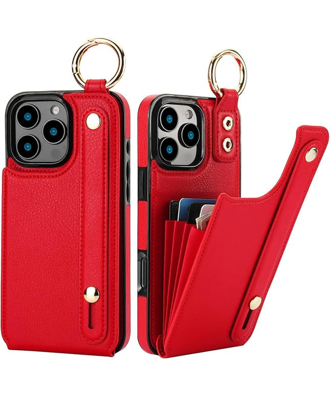 Folosu for iPhone 16 Pro Max Wallet Case with Card Holder, Hand Wrist Strap Loop Holder Kickstand, RFID Blocking Finger Grip Ring PU Leather Double Buttons Shockproof Cover 6.9" Red