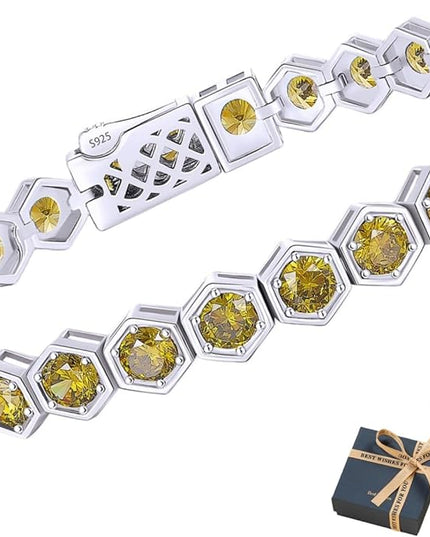 Birthstone Tennis Bracelets for Women Birthday Gifts 925 Sterling Silver Hexagon White Gold Bracelets Round Cut 5A Cubic Zirconia Prong Setting 7 Inch Anniversary Jewelry Gift