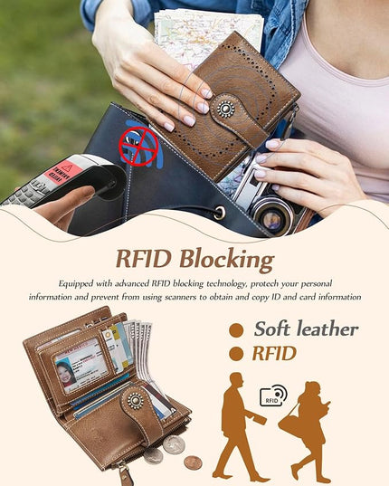TFKGS RFID Wallet Women Small Wallets Card Holder Wallet for Women Leather Slim Bifold Compact Ladies Zipper Coin Pocket with ID Window Birthday Christmas Gifts Brown