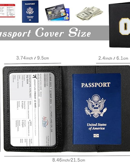 ULICO Initial Passport Cover and Luggage Tag Set,PU Leather Letter Passport Case Holder Travel Suitcase Tag, Personalized Travel Luggage Accessories Gifts for Women Kids Teenage Black P