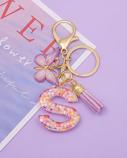 Fashion Alphabet Initial Letter Keychain Tassel Butterfly Pendant Key Ring for Purse Handbags Women Girl