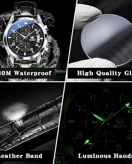 OLEVS Leather Chronograph Watch Men - Leather Strap (Brown/Black), Work Luminous Waterproof Analog Quartz Dress Wrist Watch with Blue/Black/Brown/White Dial