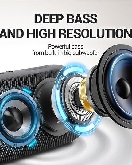 Wireless Waterproof Bluetooth Speaker - Portable Speaker Loud with Built-in Subwoofer and Tweeter, Extra Bass, Stereo Sound, IP67, Colorful Lights for Party, Outdoor, Camping - Black