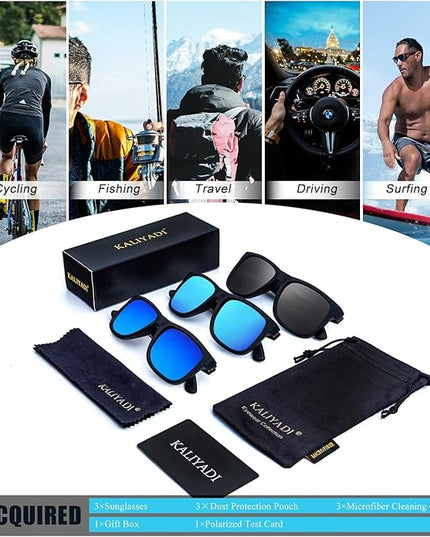 KALIYADI Sunglasses Men Polarized Sun glasses for Mens Womens Classic Matte Black Frame UV Protection 3pack