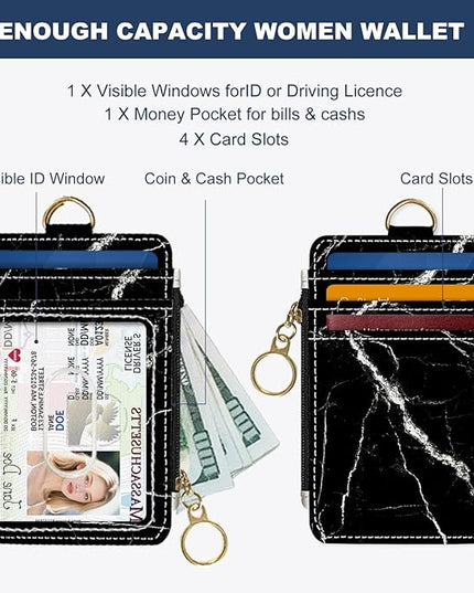 Slim Wallet Credit Card Holder, Black marble texture, RFID Wallet Women Cute Small Front Pocket Wallet With Zipper, PU Leather Thin travel RFID Blocking Card Case ID Window,Ladies Gifts
