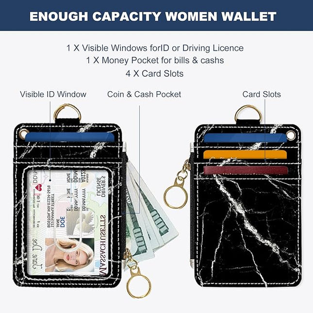 Slim Wallet Credit Card Holder, Black marble texture, RFID Wallet Women Cute Small Front Pocket Wallet With Zipper, PU Leather Thin travel RFID Blocking Card Case ID Window,Ladies Gifts