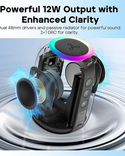 Tribit Portable Bluetooth Speaker StormBox Mini+, 12W Shower Speaker with 360°Surround Sound, 12H Playtime, Custom EQ, BT5.4, IPX7 Waterproof, RGB Lights, Type-C, AAC/SBC, TWS, Party/Beach/Gift (Blue)
