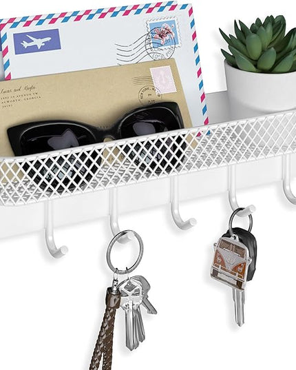 Lwenki Key Holder for Wall – Decorative Stainless Steel Key Hanger with 6 Hooks for Hats, Bags, Leashes – Mail Holder Key Rack with Mounting Hardware and Guide (9.65” x 2.8” x 2.2”) (White)