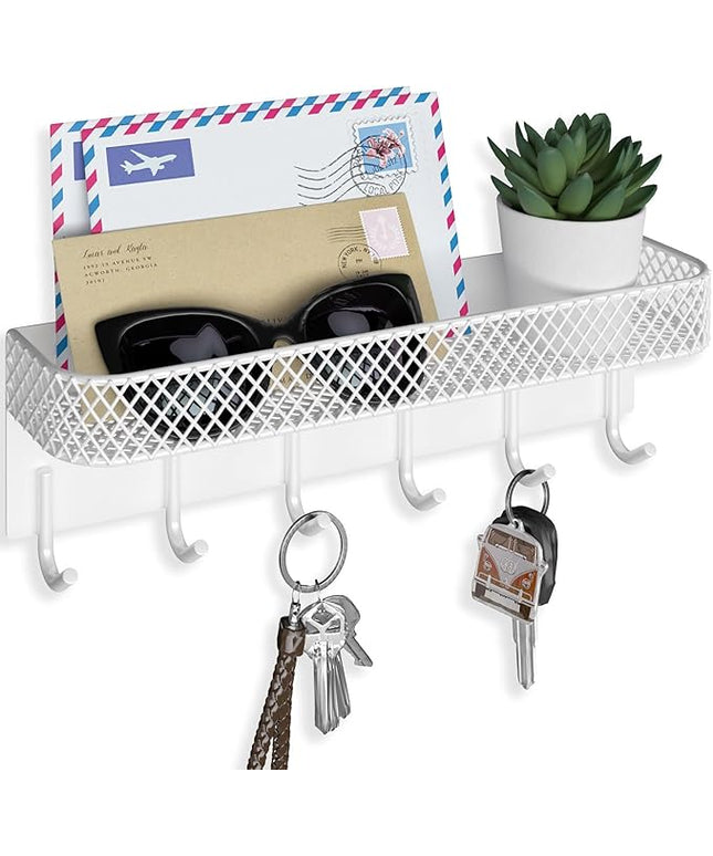 Lwenki Key Holder for Wall – Decorative Stainless Steel Key Hanger with 6 Hooks for Hats, Bags, Leashes – Mail Holder Key Rack with Mounting Hardware and Guide (9.65” x 2.8” x 2.2”) (White)