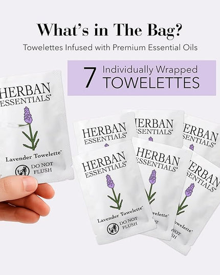 Herban Essentials - Lavender Wipes & Towelettes - Essential Oil Wipes for Make Up, Hands, Face & Body - Travel Size Essentials and Toiletries - Natural, Individually Wrapped and Disposable - 7 Count
