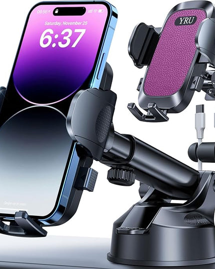 YRU [True Upgrade for Safety] Car Phone Holder Mount [Patent & Military-Grade] Dashboard Cell Phone Holder for Car Vent Windshield Phone Stand for iPhone 17 16 15 14 13 Pro Max Truck Samsung, Purple