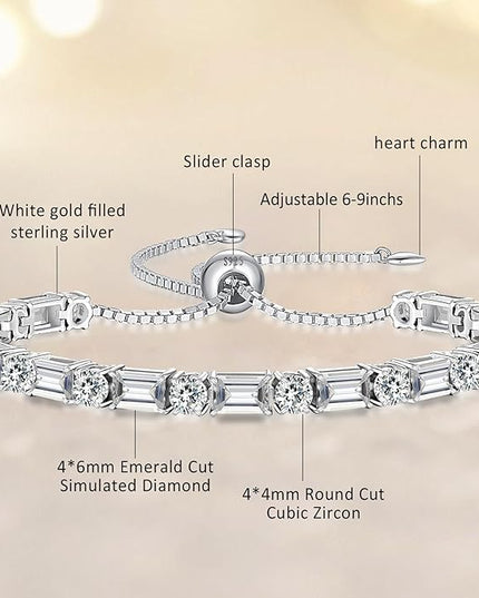 Birthstone Tennis Bracelets for Women White Gold Sterling Silver Gemstone Bracelets Adjustable Chain 6-9 Inchs Jewelry Anniversary Birthday Gifts for Women Mom Wife Her