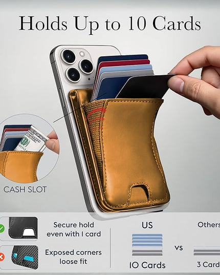 Genuine Leather Magsafe Wallet,10 Card Holder With Stand, Slim Magnetic Wallet Mag Safe for iPhone,Compatible With iPhone 17/16/15/14/13/12 Series and Selected Samsung Devices Apple Accessories, Honey