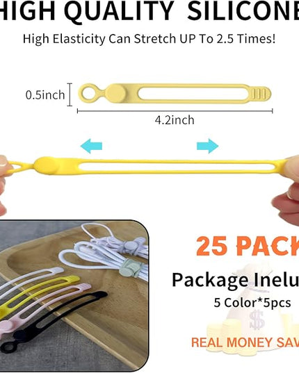 [25Park]UMUST Silicone Cable Ties,Reusable Cable Management Organizer,Cable Straps,Cord Ties,Multipurpose Elastic Cord Organizer for Bundling and Fastening Cable Cords Wires(Multi -colored)