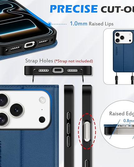 SHIELDON Real Leather Case Walllet for iPhone 17 Pro 6.3-inch 2025 | Foldable Magnetic Closure | RFID Blocking Credit Card Holder | Kickstand | Shockproof Protective Cover | Royal Blue