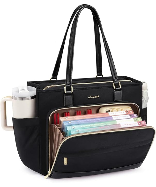 LOVEVOOK Teacher Tote Bag, Laptop Bag for Women with Large Cup Holder & Accordion File Area, Work Tote Bag for Business