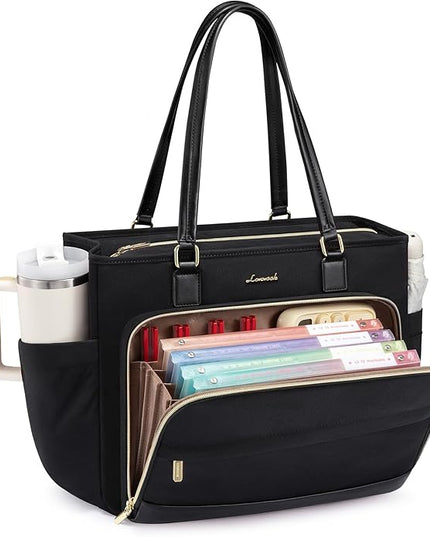 LOVEVOOK Teacher Tote Bag, Laptop Bag for Women with Large Cup Holder & Accordion File Area, Work Tote Bag for Business