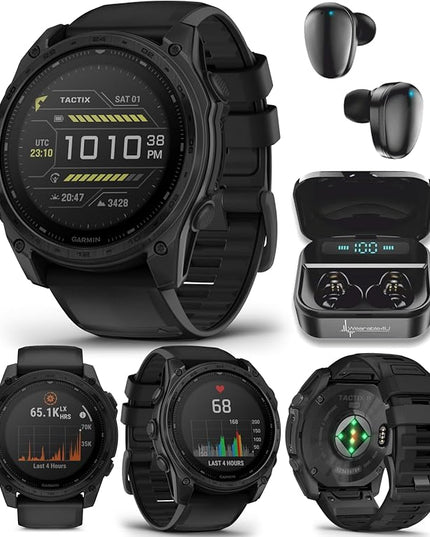 Wearable4U Garmin Tactix 8, 51mm Solar, Elite, Titanium Bezel, Sapphire Lens, Premium Tactical GPS Smartwatch, Includes Applied Ballistics Ultralight Elite Solver, 40 M Dive Rating w Earbuds Bundle