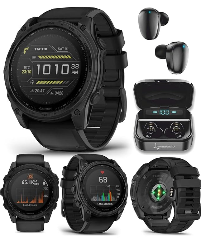 Wearable4U Garmin Tactix 8, 51mm Solar, Elite, Titanium Bezel, Sapphire Lens, Premium Tactical GPS Smartwatch, Includes Applied Ballistics Ultralight Elite Solver, 40 M Dive Rating w Earbuds Bundle