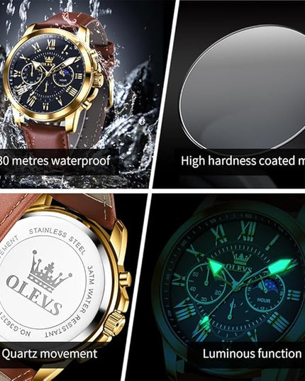 OLEVS Men's Watches Leather Strap Analog Quartz Watch, Fashion Big Dial Date Waterproof Watch, Dress Luxury Luminous Men Watches